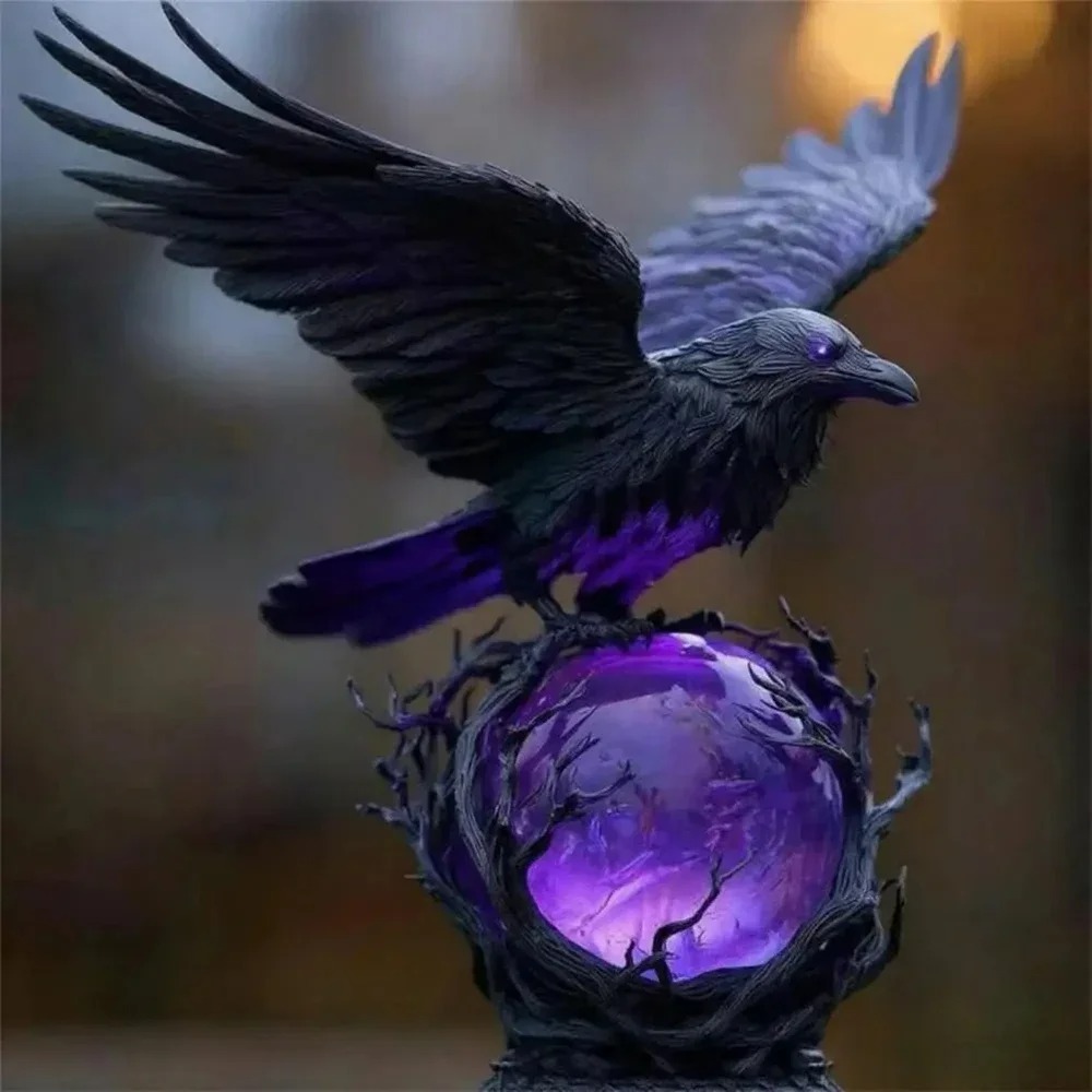 Gothic Raven LED Lamp Sculptur - đánh giá và giá Resin Art Purple