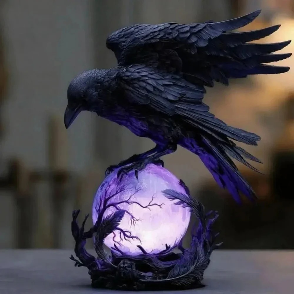 Gothic Raven LED Lamp Sculptur - đánh giá và giá Resin Art Purple